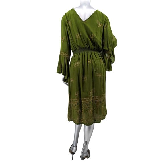Cute LAPOGEE ELEPHANT MIDI DRESS Olive Green Gold Metallic Rayon Bell Sleeves 2X - Picture 8 of 12